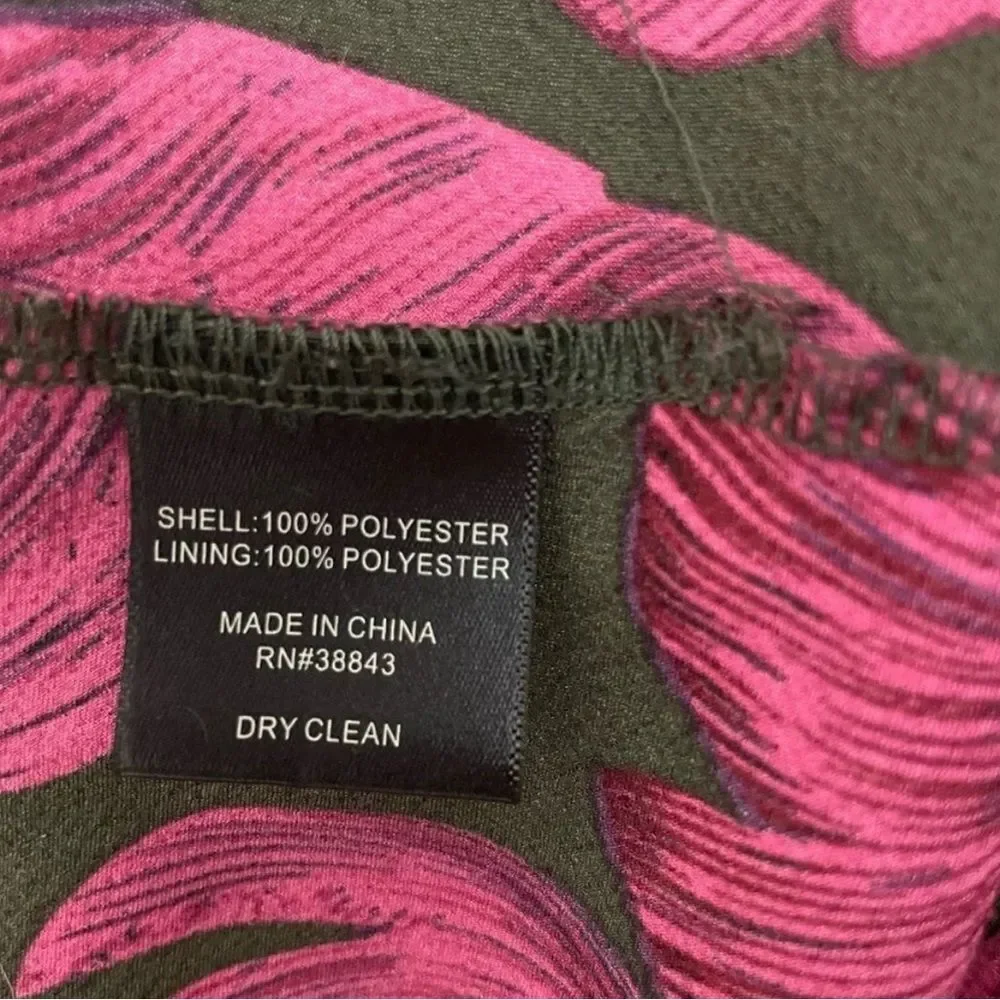 Sam Edelman Tropical Palm Mini Dress Smocked Waist Tiered Long Sleeve Pink Black